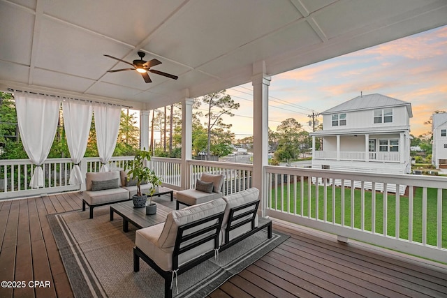 19 Mckenna Way, Santa Rosa Beach, FL 32459 - wooden terrace featuring an outdoor living space, a ceiling fan, and a yard