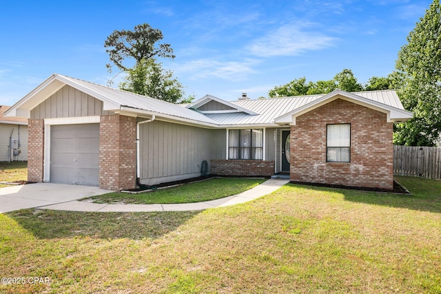 ranch-style house featuring fence, an attached garage, brick siding, driveway, and metal roof
