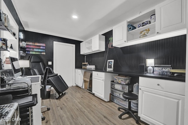 kitchen with recessed lighting, open shelves, white cabinets, dark countertops, and light wood finished floors
