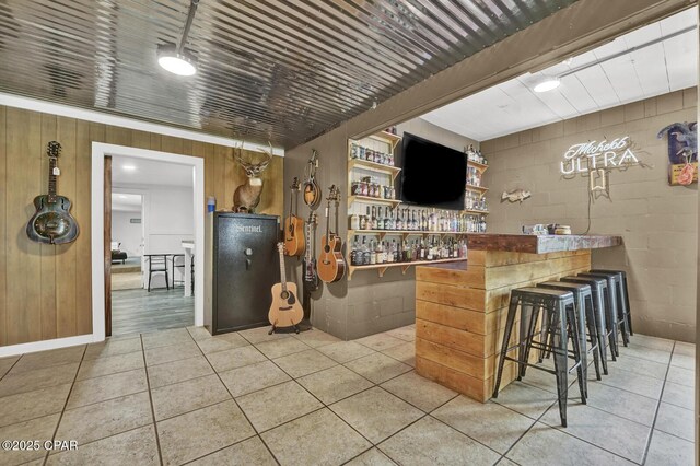 bar featuring a dry bar, wooden walls, tile patterned floors, and concrete block wall