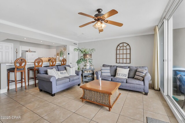 14701 Front Beach Rd Unit 834, Panama City Beach, FL 32413 - living area featuring light tile patterned flooring, ceiling fan, ornamental molding, and recessed lighting