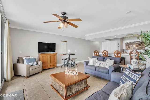 14701 Front Beach Rd Unit 834, Panama City Beach, FL 32413 - living room featuring light tile patterned flooring, ornamental molding, ceiling fan, and baseboards