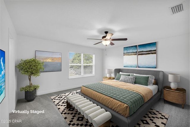 bedroom with carpet flooring, baseboards, visible vents, and ceiling fan