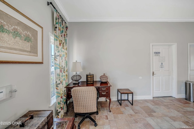 sitting room with baseboards, ornamental molding, and stone finish flooring