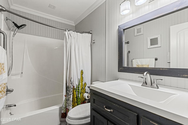 17462 Front Beach Rd Unit 24C, Panama City Beach, FL 32413 - bathroom with ornamental molding, toilet, shower / bath combination with curtain, and vanity