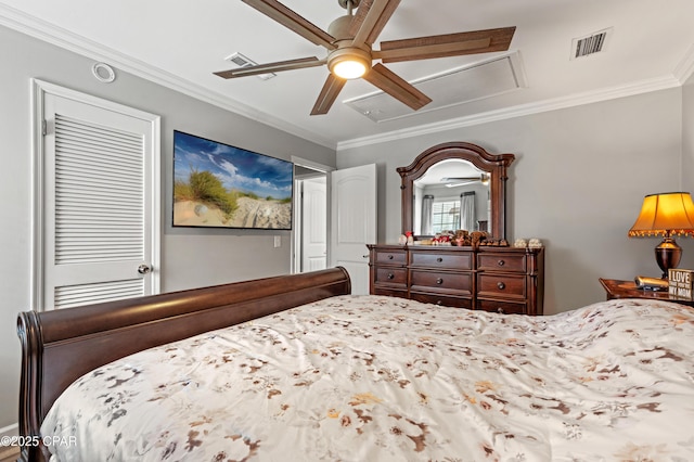 17462 Front Beach Rd Unit 24C, Panama City Beach, FL 32413 - bedroom featuring attic access, crown molding, and ceiling fan
