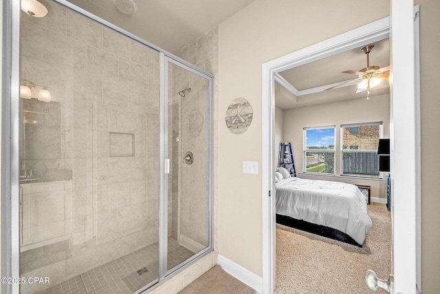 full bathroom with baseboards, connected bathroom, ceiling fan, and a shower stall