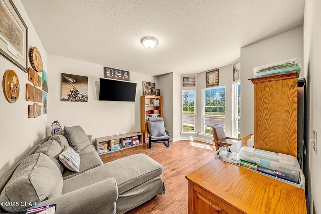 living room with a textured ceiling, baseboards, and light wood-style flooring