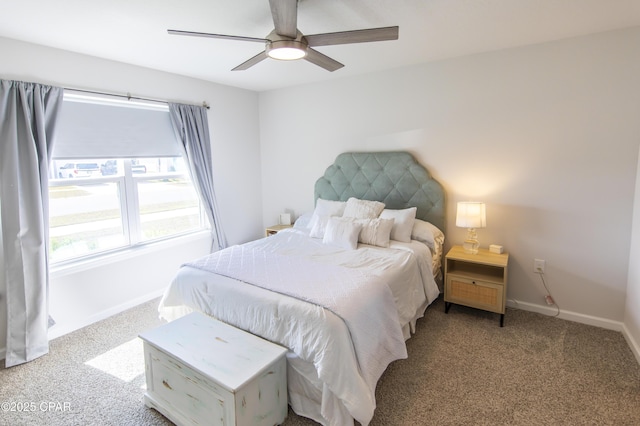 bedroom with carpet flooring, baseboards, and ceiling fan