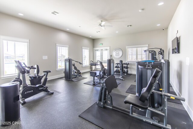 4963 Shurer Ln, Panama City, FL 32404 - exercise room featuring baseboards, recessed lighting, ceiling fan, and a wealth of natural light