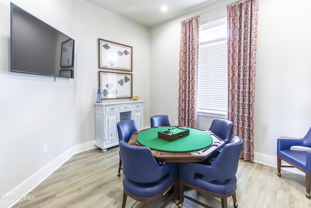 playroom with light wood-style floors, baseboards, and recessed lighting