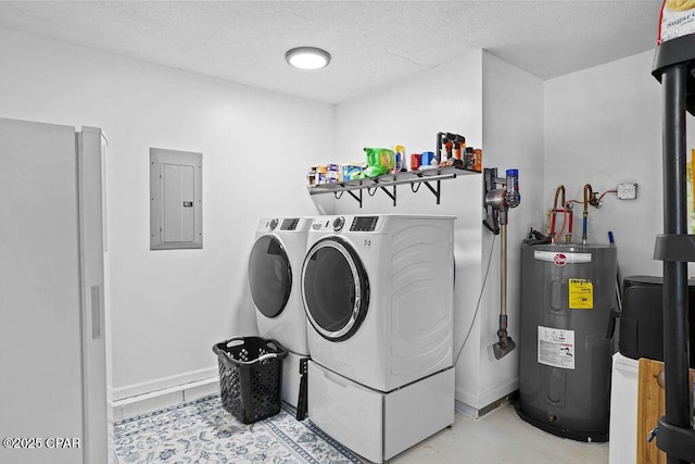 laundry room with electric panel, laundry area, a textured ceiling, washer and dryer, and electric water heater