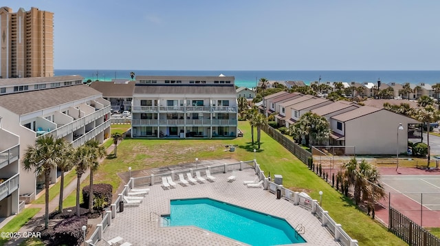 bird's eye view with a water view