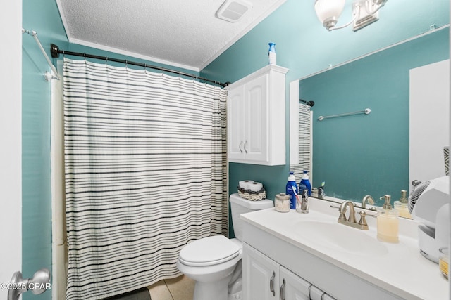 629 Old Forest Way, Panama City, FL 32404 - full bath with a textured ceiling, vanity, toilet, tile patterned flooring, and curtained shower