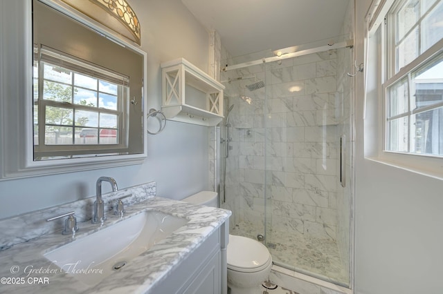 bathroom with a wealth of natural light, toilet, and a shower stall
