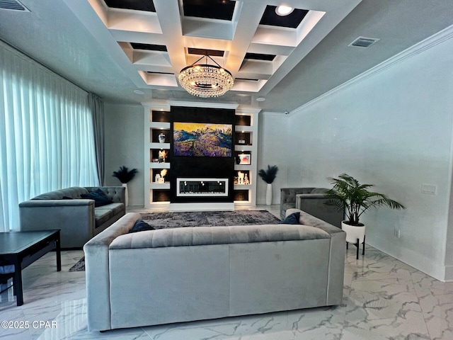 3639 Preserve Blvd, Panama City Beach, FL 32408 - cinema featuring visible vents, baseboards, marble finish floor, an inviting chandelier, and coffered ceiling