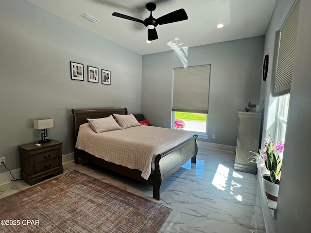 3639 Preserve Blvd, Panama City Beach, FL 32408 - bedroom with recessed lighting, a ceiling fan, marble finish floor, and baseboards