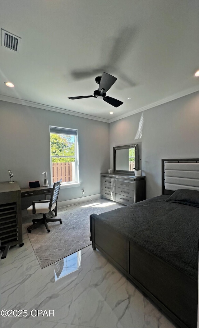 3639 Preserve Blvd, Panama City Beach, FL 32408 - bedroom featuring crown molding, recessed lighting, visible vents, and marble finish floor