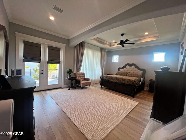 3639 Preserve Blvd, Panama City Beach, FL 32408 - bedroom with crown molding, access to outside, visible vents, and light wood finished floors