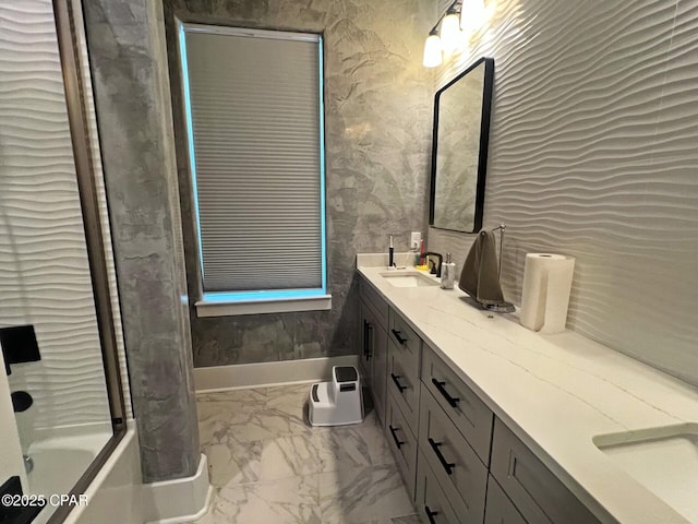 3639 Preserve Blvd, Panama City Beach, FL 32408 - bathroom featuring a sink, double vanity, and marble finish floor