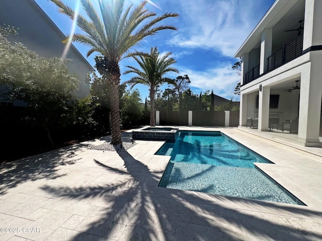 3639 Preserve Blvd, Panama City Beach, FL 32408 - view of pool featuring a patio, ceiling fan, fence, and a pool with connected hot tub