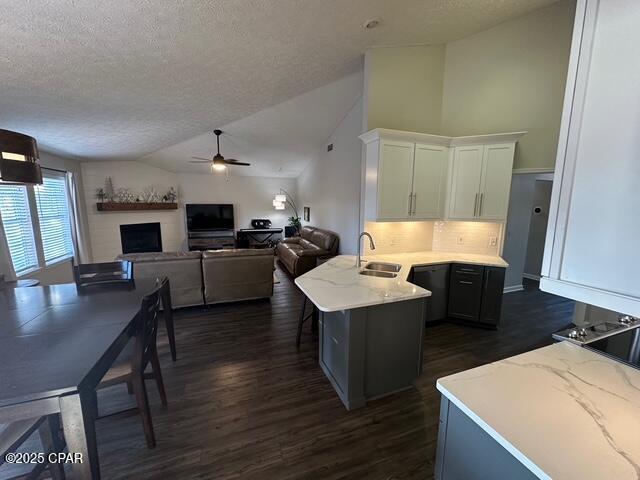 kitchen with dark wood-style flooring, a peninsula, lofted ceiling, a textured ceiling, and a sink