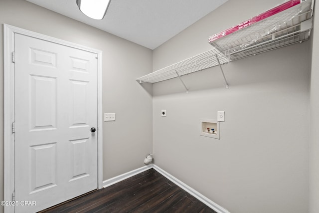laundry room with hookup for an electric dryer, laundry area, baseboards, dark wood-style floors, and hookup for a washing machine