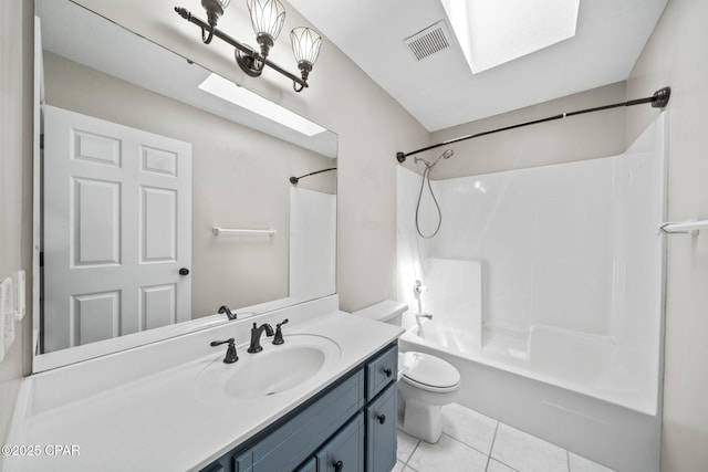 bathroom with visible vents, tile patterned flooring, tub / shower combination, toilet, and a skylight