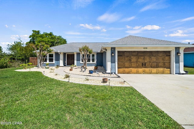 single story home featuring a garage, a front yard, roof with shingles, stucco siding, and concrete driveway