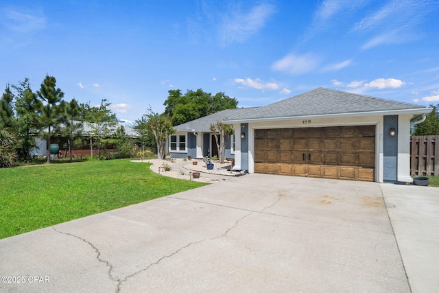 ranch-style home featuring fence, a front yard, stucco siding, concrete driveway, and an attached garage