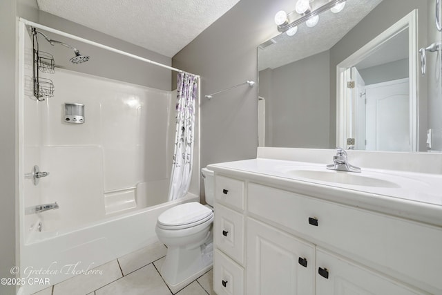 full bathroom with vanity, toilet, a textured ceiling, tile patterned floors, and shower / tub combo