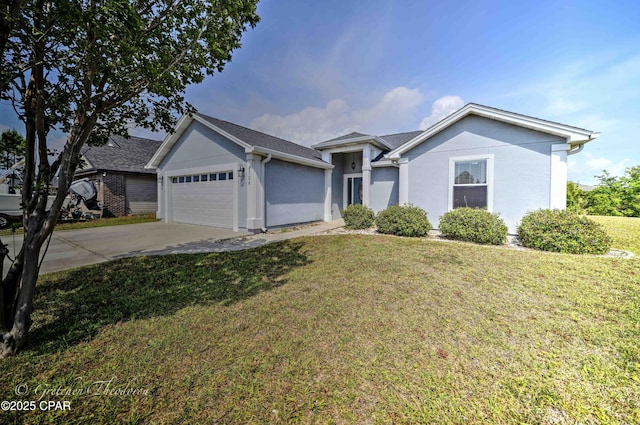 single story home featuring an attached garage, stucco siding, driveway, and a front yard