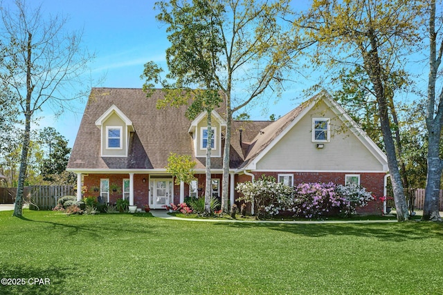 205 Judy Cir, Lynn Haven, FL 32444 - cape cod home with fence, a shingled roof, a front lawn, and brick siding