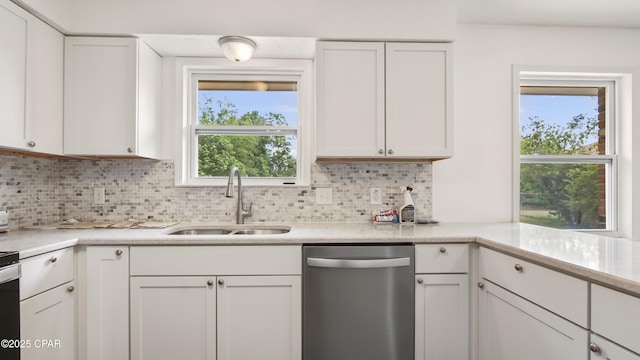 325 Bell Cir, Lynn Haven, FL 32444 - kitchen featuring dishwasher, a sink, light countertops, backsplash, and white cabinets