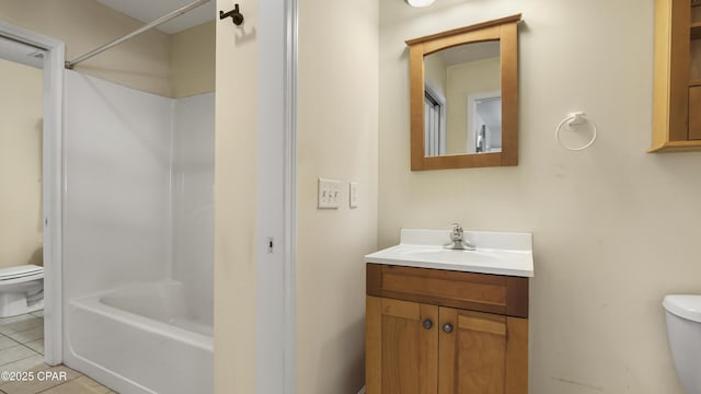bathroom featuring shower / bath combination, vanity, tile patterned flooring, and toilet