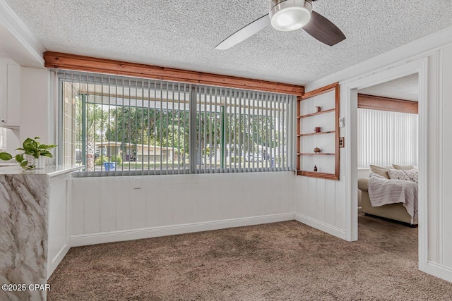 carpeted spare room featuring a ceiling fan, a textured ceiling, and a wealth of natural light