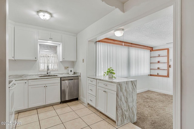 kitchen featuring white electric stove, dishwasher, a sink, light stone counters, and white cabinets