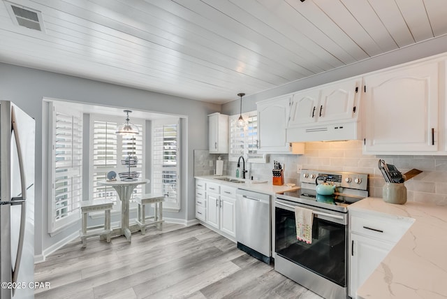 135 Bid A Wee Ln, Panama City Beach, FL 32413 - kitchen with appliances with stainless steel finishes, under cabinet range hood, white cabinets, decorative backsplash, and wooden ceiling