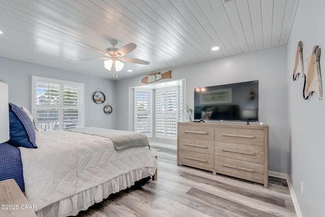 bedroom with light wood-type flooring, recessed lighting, ceiling fan, and wood ceiling