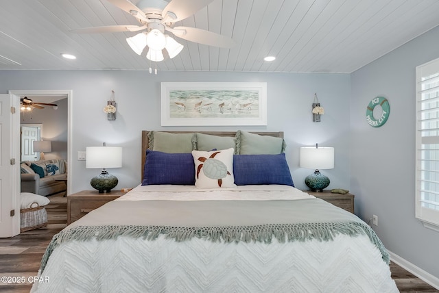 bedroom featuring wood finished floors, wooden ceiling, recessed lighting, and ceiling fan