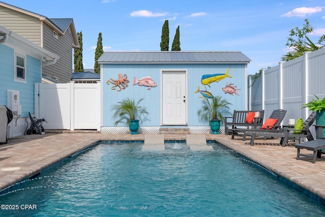 135 Bid A Wee Ln, Panama City Beach, FL 32413 - view of swimming pool featuring fence, a patio, and an outdoor structure