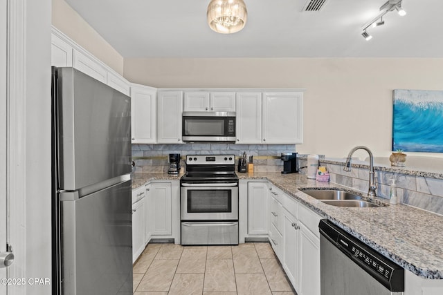 kitchen with decorative backsplash, appliances with stainless steel finishes, a sink, white cabinets, and a peninsula