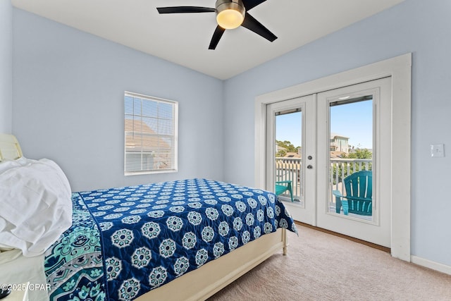 bedroom featuring french doors, a ceiling fan, access to exterior, baseboards, and carpet flooring