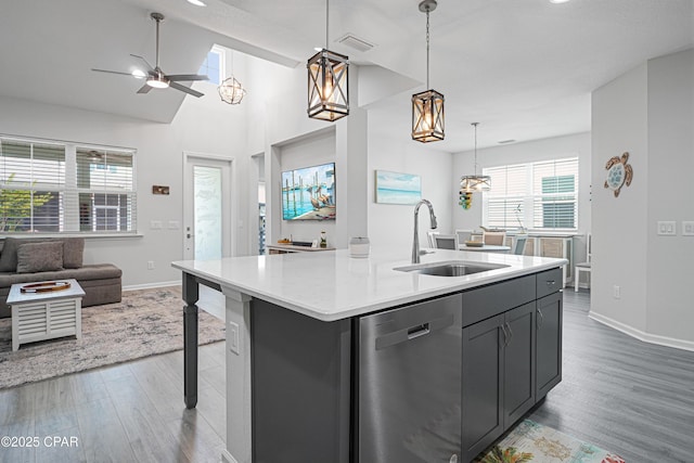 kitchen featuring a sink, ceiling fan with notable chandelier, open floor plan, stainless steel dishwasher, and visible vents