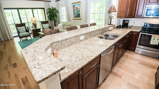 kitchen with a healthy amount of sunlight, light wood-type flooring, a sink, a peninsula, and stainless steel appliances