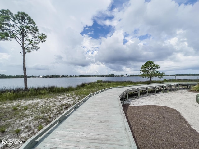 view of dock with a water view