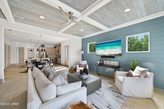 8597 N Lagoon Dr, Panama City, FL 32408 - living room featuring a ceiling fan, wood walls, beamed ceiling, wooden ceiling, and recessed lighting
