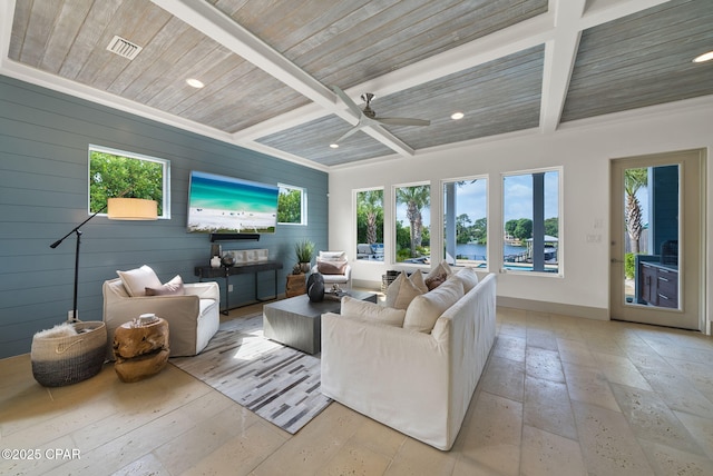 8597 N Lagoon Dr, Panama City, FL 32408 - living room featuring wooden ceiling, plenty of natural light, and visible vents