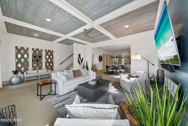 8597 N Lagoon Dr, Panama City, FL 32408 - living area with stairs, wood ceiling, beam ceiling, and coffered ceiling