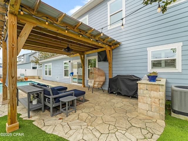 view of patio with central AC unit, a fenced in pool, grilling area, and fence